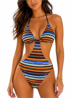 NEW Bikinishe Striped One-Piece Swimwear in Orange, Black & Green side cutout LG